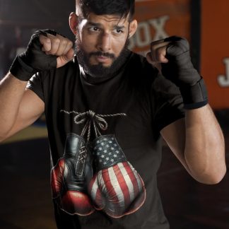 Hanging Gloves boxing t-shirt in black, sparring shot