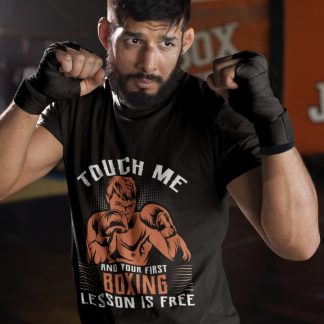 Touch Me Orange Fighter boxing t-shirt in black, sparring shot