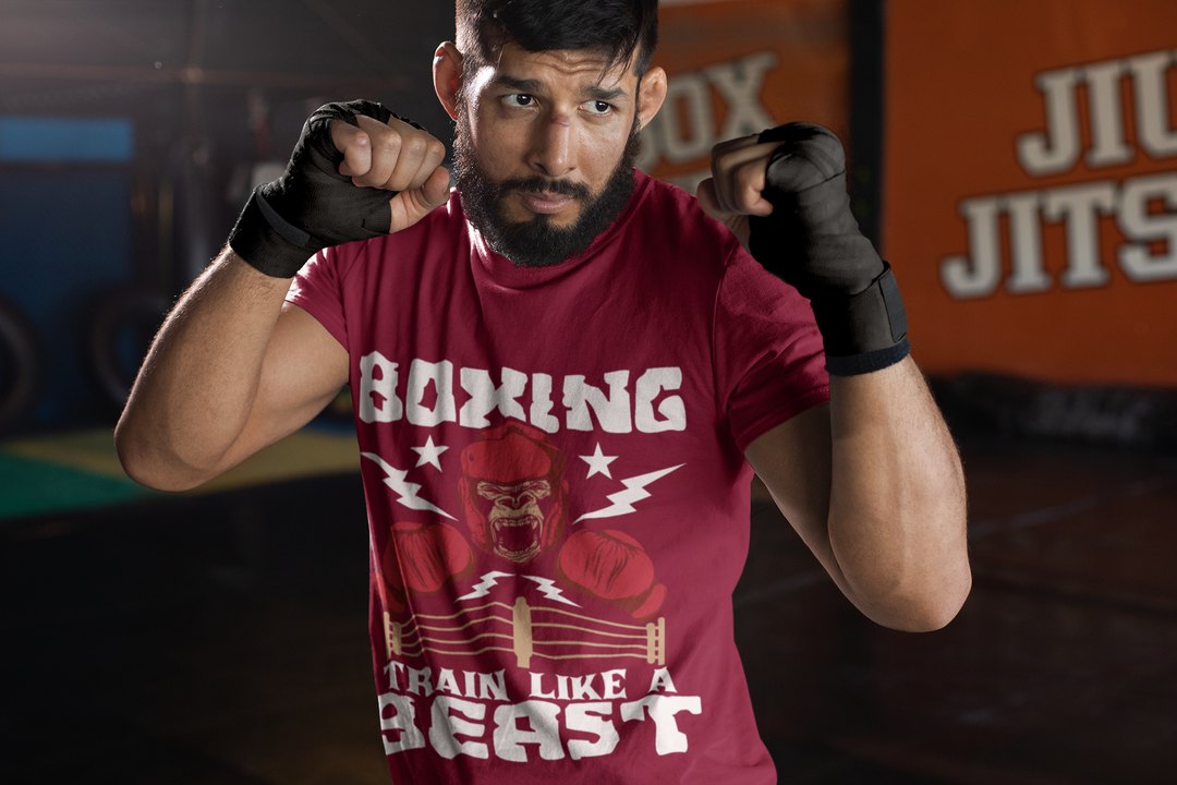 Gorilla Boxing Lightning boxing t-shirt in burgundy, sparring shot