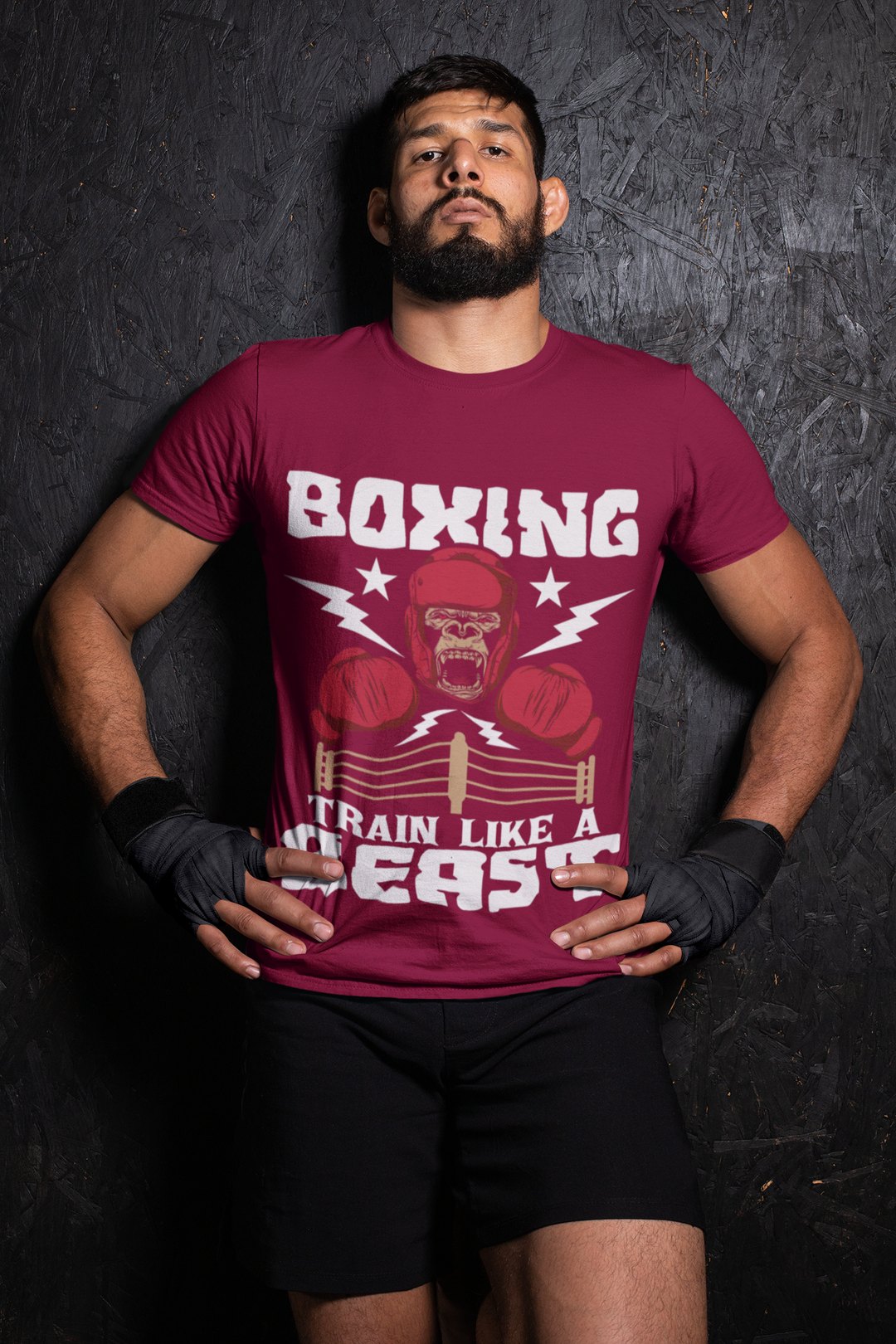 Gorilla Boxing Lightning boxing t-shirt in burgundy, wrestler shot
