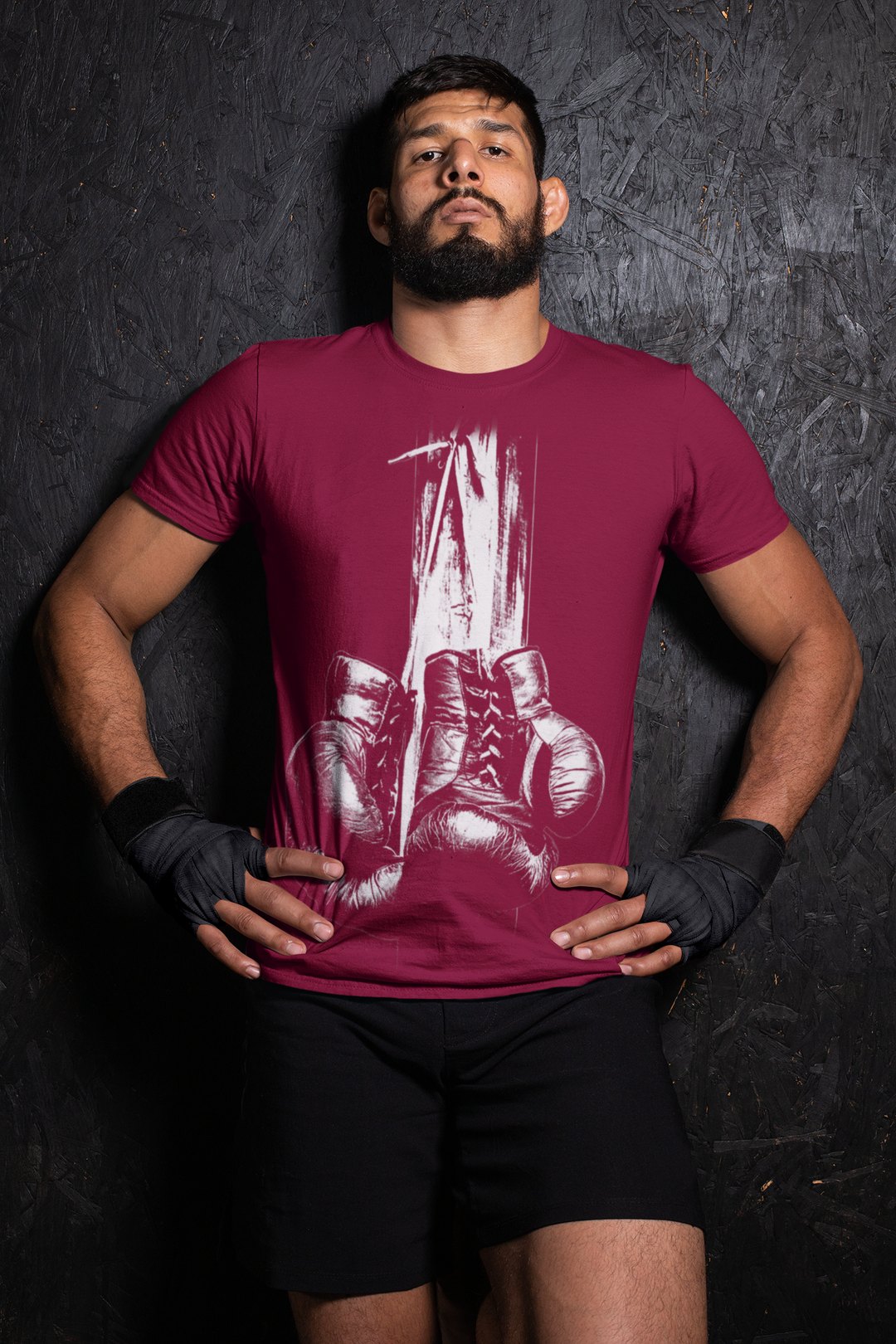 Plain Design boxing t-shirt in burgundy, wrestler shot