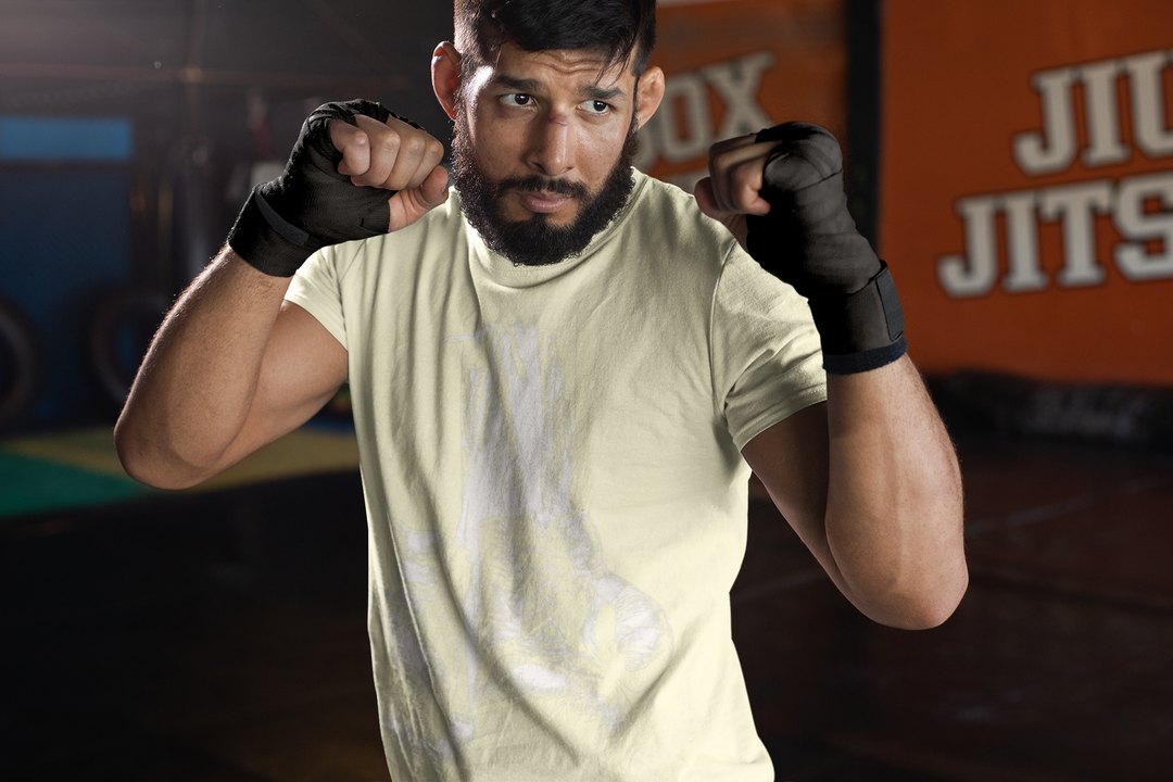 Plain Design boxing t-shirt in cream, sparring shot