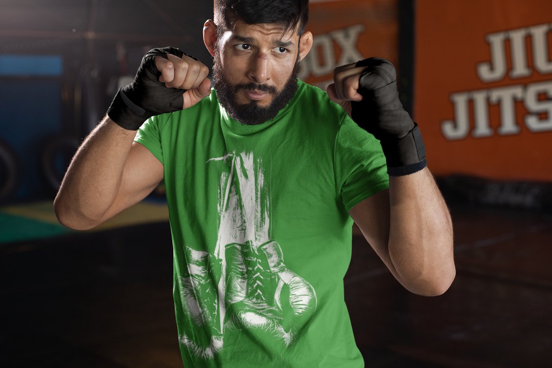 Plain Design boxing t-shirt in forest green, sparring shot