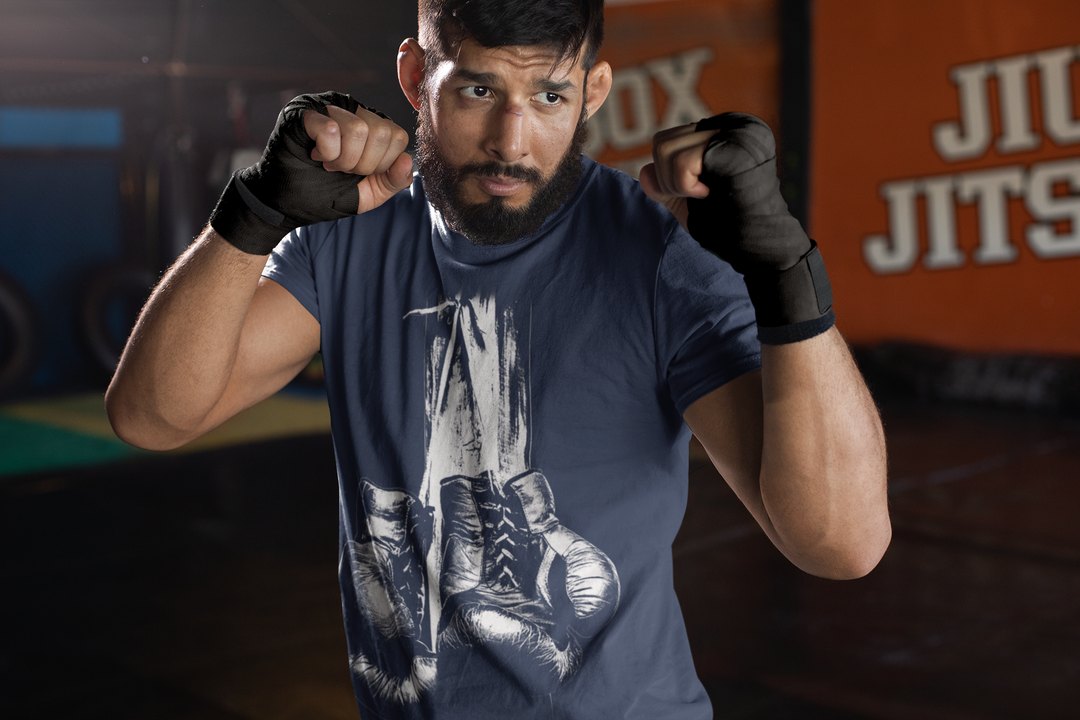 Plain Design boxing t-shirt in navy, sparring shot