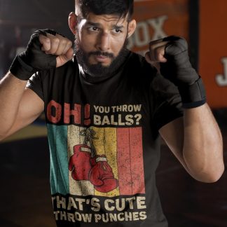 Oh You Throw Balls Retro boxing t-shirt in black, sparring shot