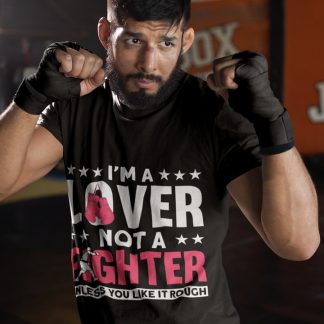 Lover Not Fighter Pink boxing t-shirt in black, sparring shot