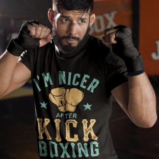 I'm Nicer After Kick boxing t-shirt in black, sparring shot
