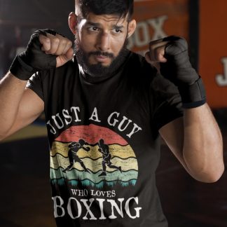Just A Guy boxing t-shirt in black, sparring shot