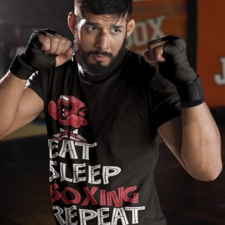 Eat Sleep Monkey Boxer boxing t-shirt in black, sparring shot