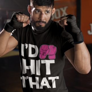 I'd Hit That Magenta boxing t-shirt in black, sparring shot