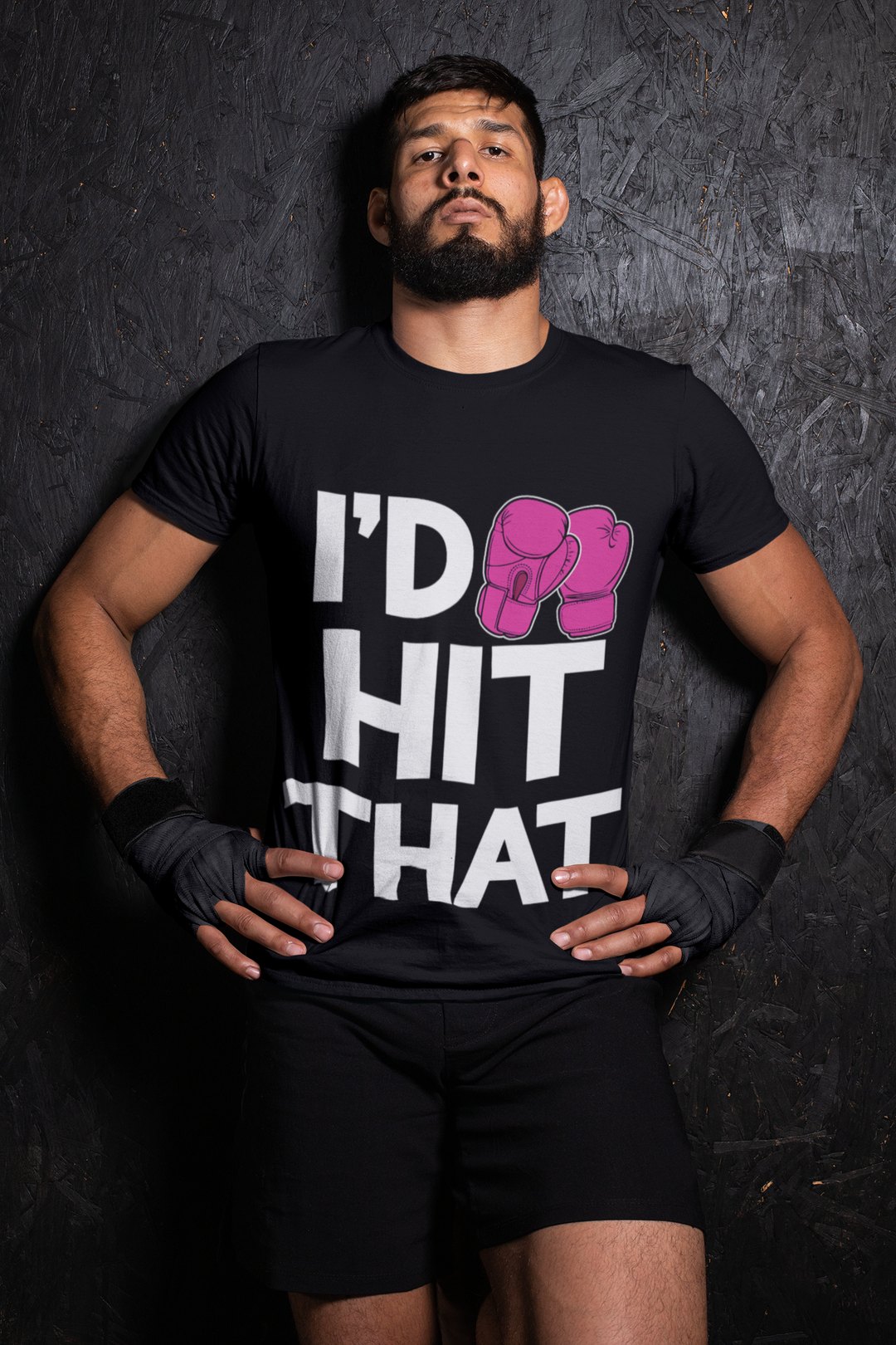 I'd Hit That Magenta boxing t-shirt in black, wrestler shot