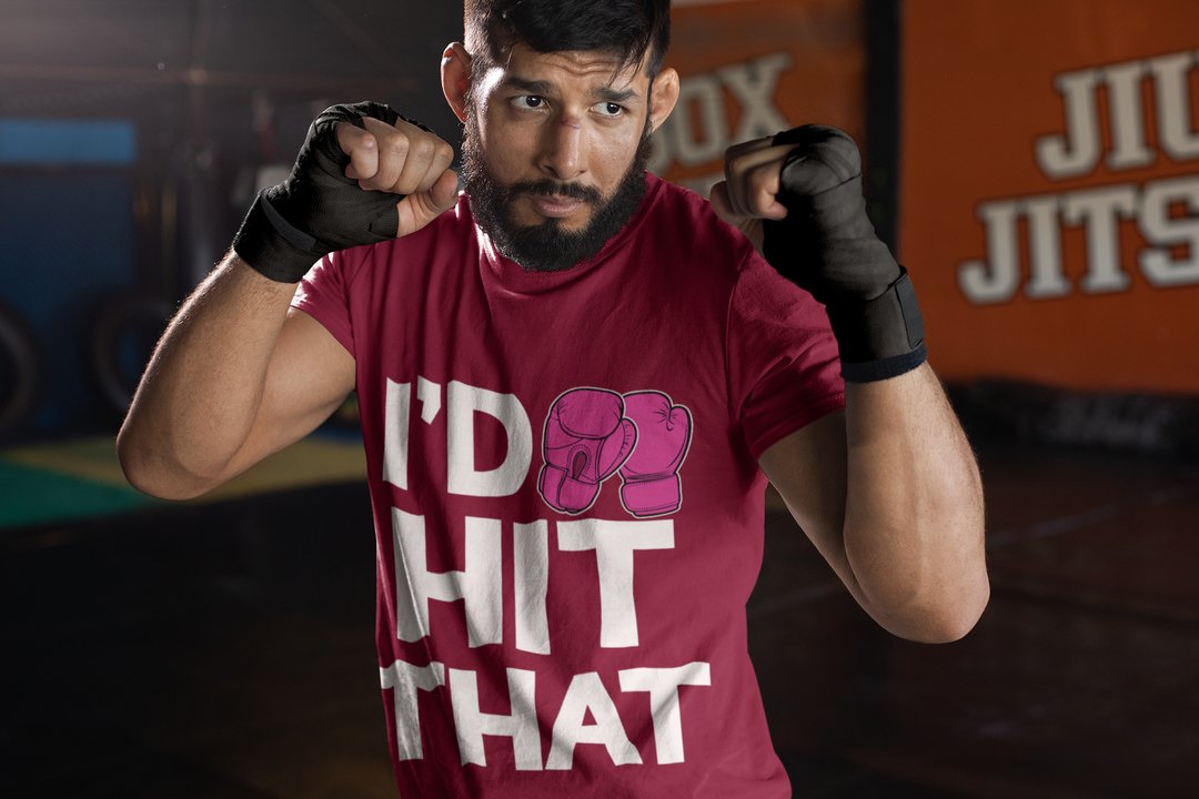 I'd Hit That Magenta boxing t-shirt in burgundy, sparring shot