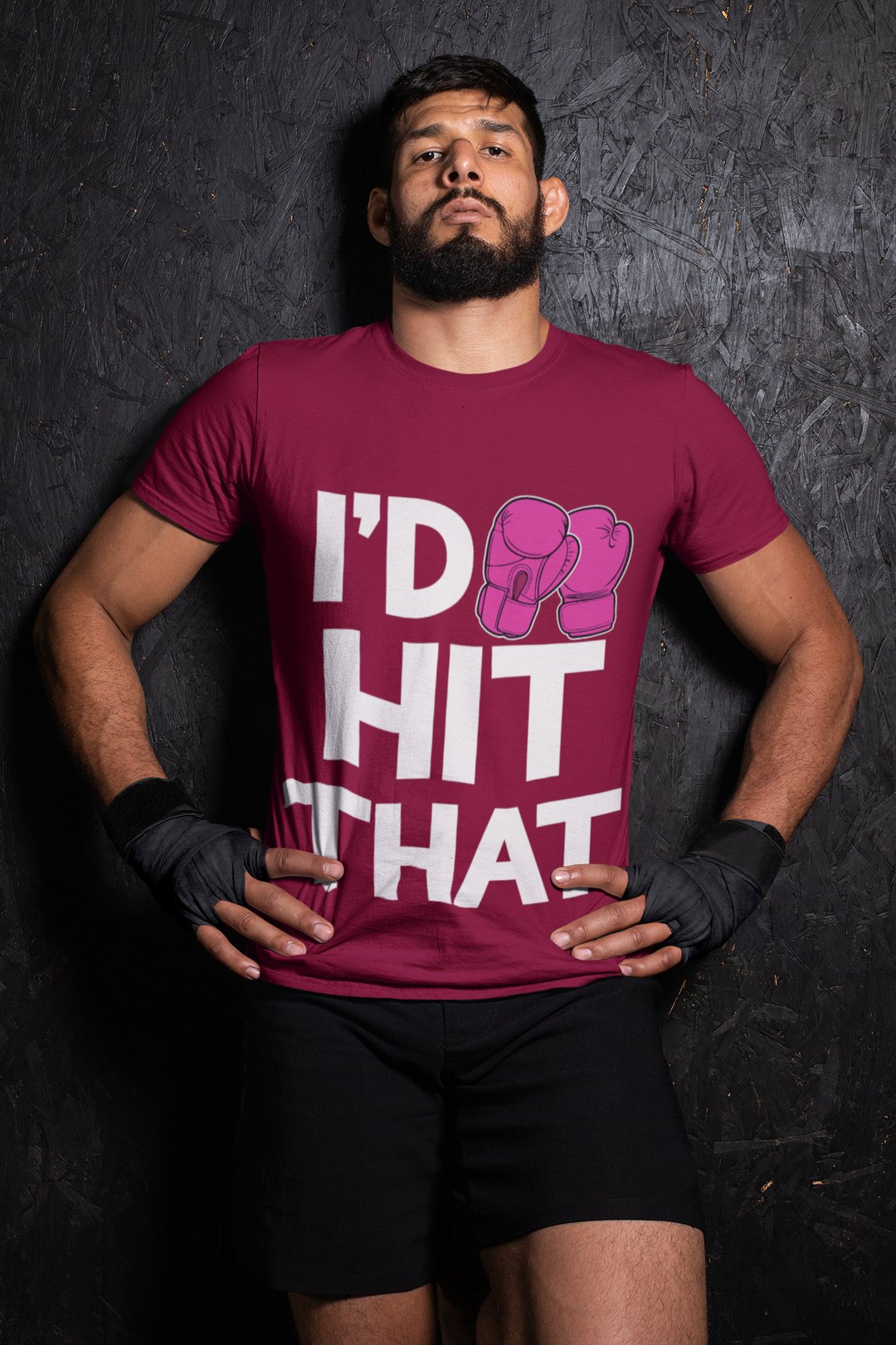 I'd Hit That Magenta boxing t-shirt in burgundy, wrestler shot