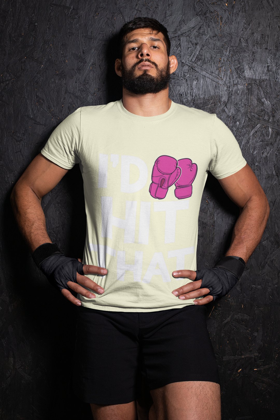 I'd Hit That Magenta boxing t-shirt in cream, wrestler shot