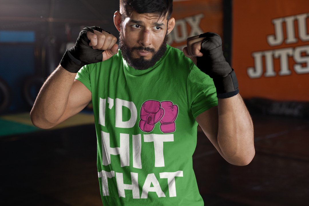 I'd Hit That Magenta boxing t-shirt in forest green, sparring shot