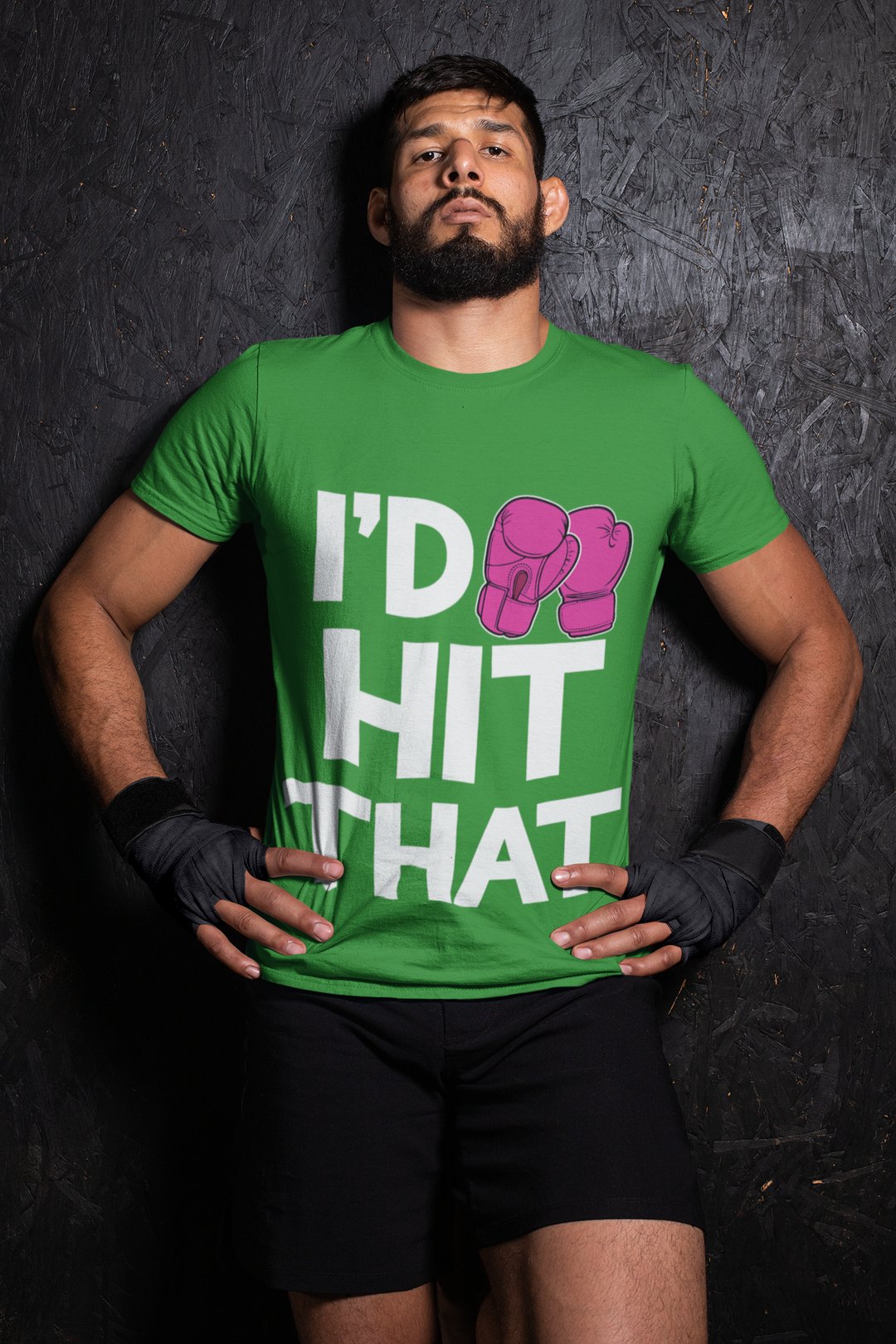 I'd Hit That Magenta boxing t-shirt in forest green, wrestler shot