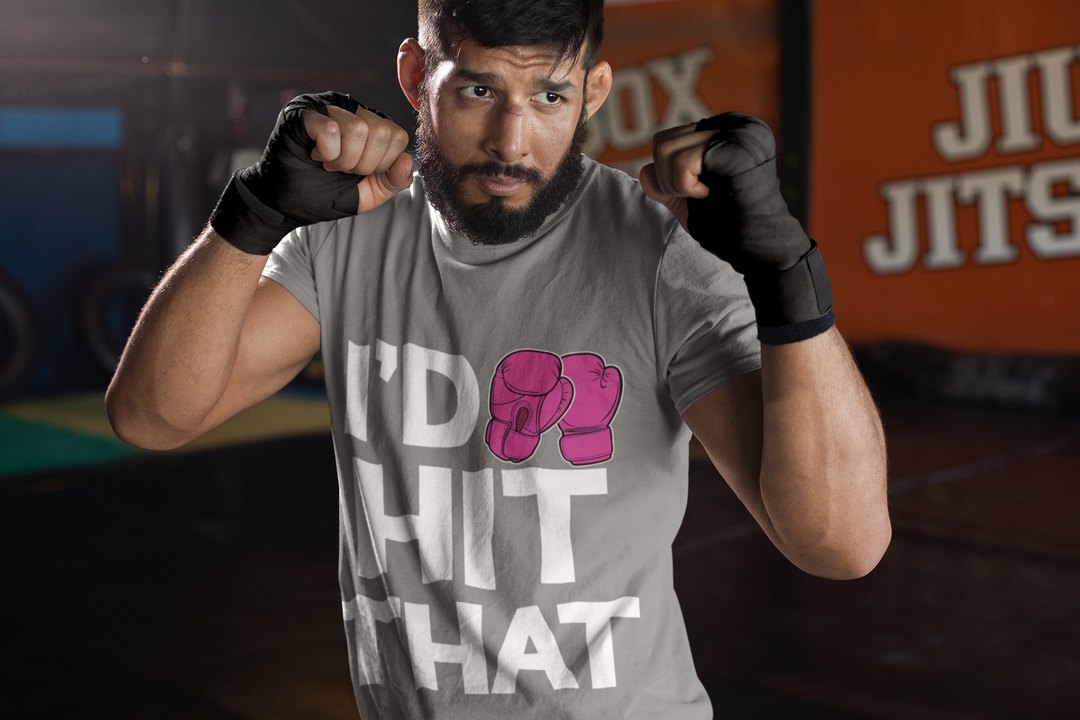 I'd Hit That Magenta boxing t-shirt in grey, sparring shot