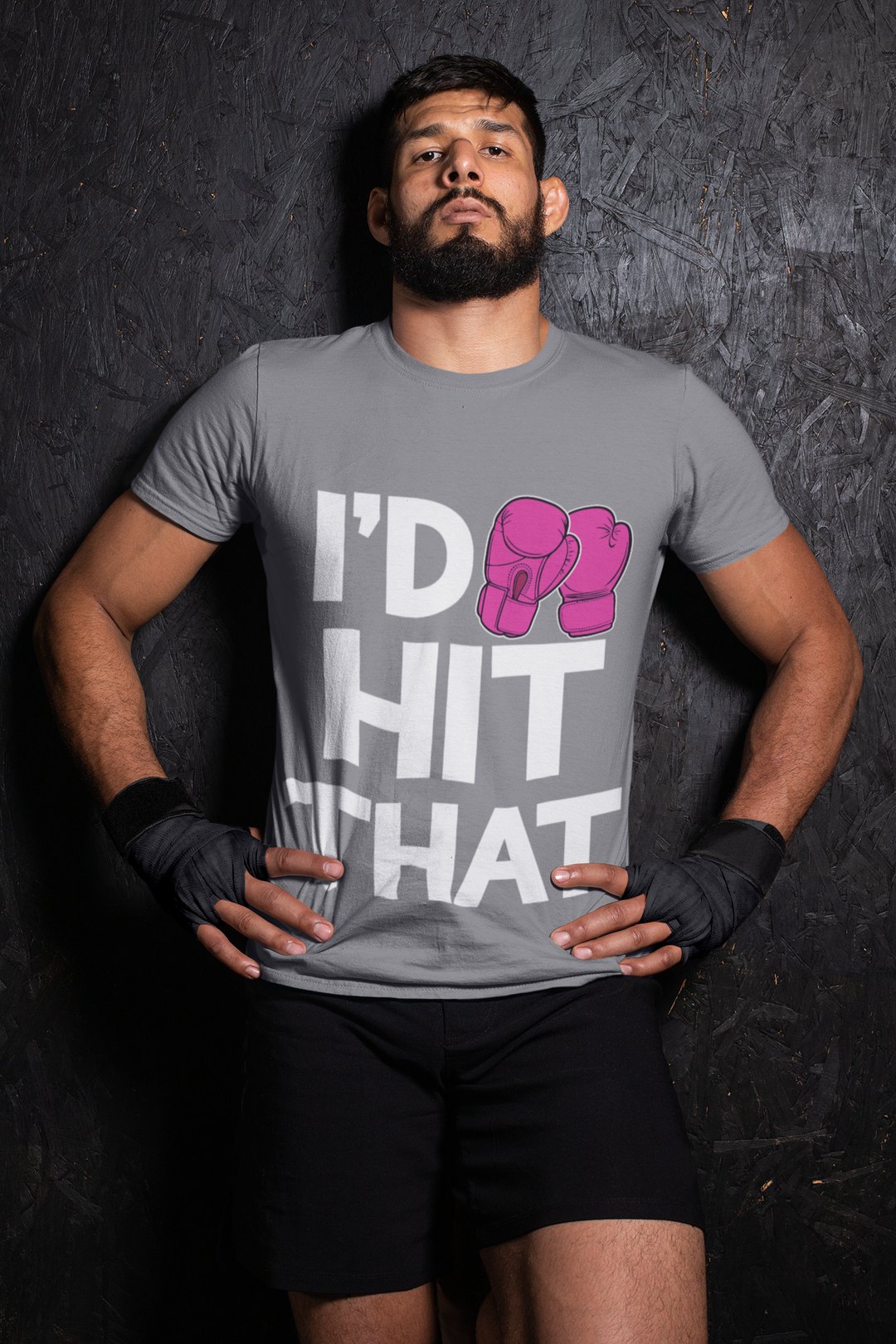 I'd Hit That Magenta boxing t-shirt in grey, wrestler shot