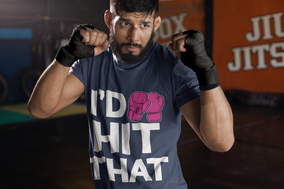 I'd Hit That Magenta boxing t-shirt in navy, sparring shot