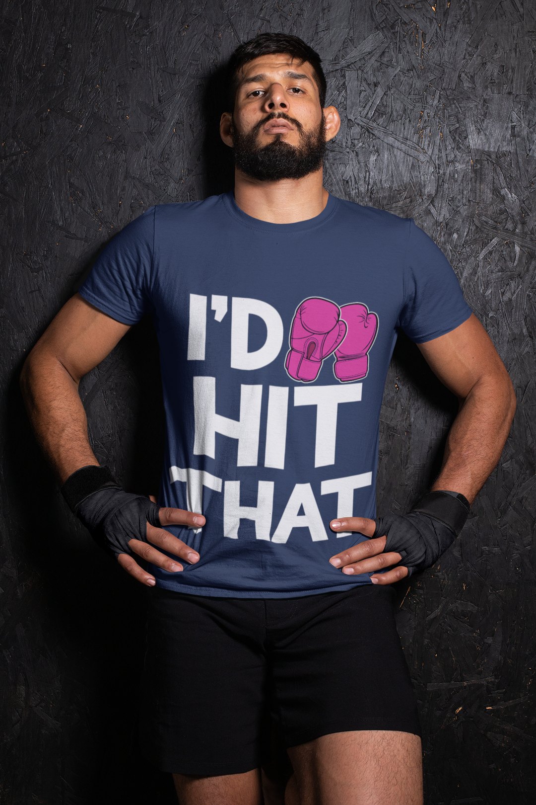 I'd Hit That Magenta boxing t-shirt in navy, wrestler shot