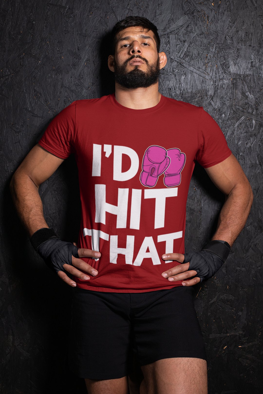 I'd Hit That Magenta boxing t-shirt in red, wrestler shot