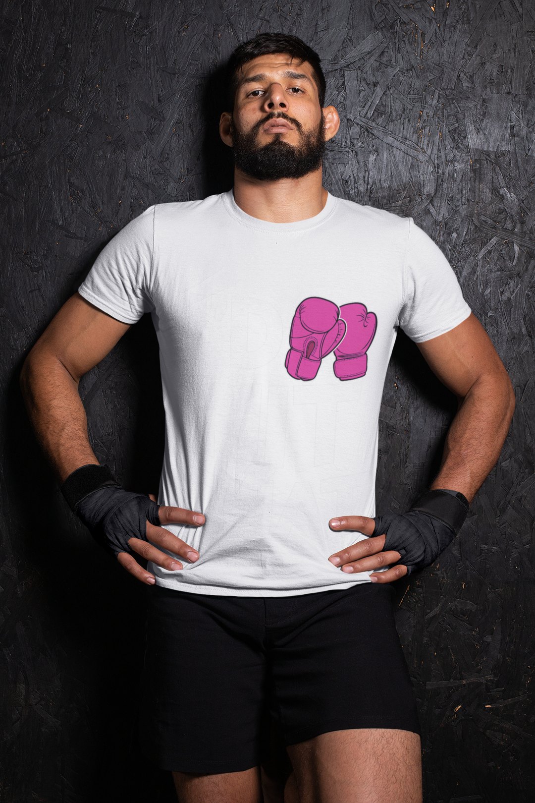 I'd Hit That Magenta boxing t-shirt in white, wrestler shot