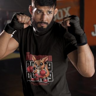 Cartoon Kangaroo Boxer boxing t-shirt in black, sparring shot