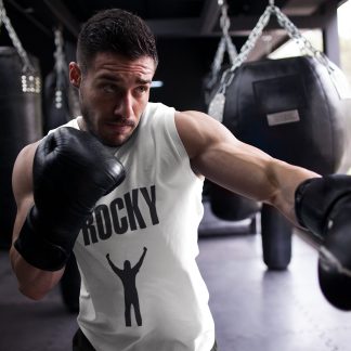 Rocky Bold Text Victory Silhouette boxing vest in white, shadowboxing shot