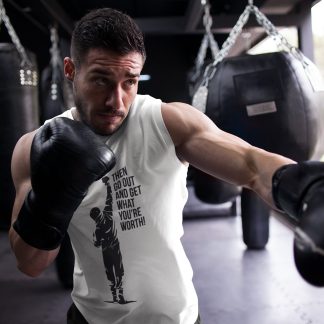 Rocky Inspirational Quote Figure boxing vest in white, shadowboxing shot