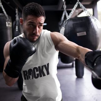 Rocky Bold Text Boxer Logo boxing vest in white, shadowboxing shot