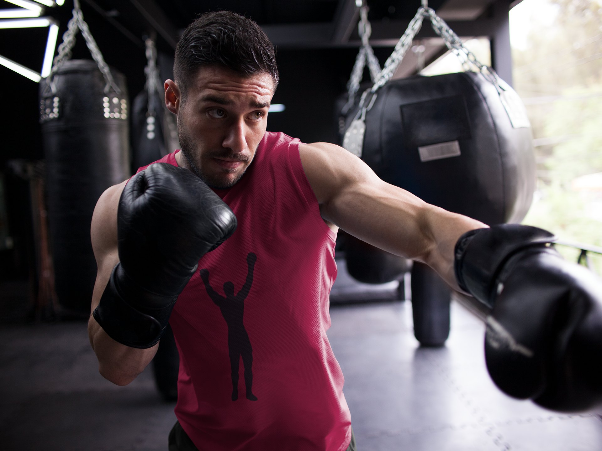 Rocky Victory Arms Raised Detailed boxing vest in burgundy, shadowboxing shot