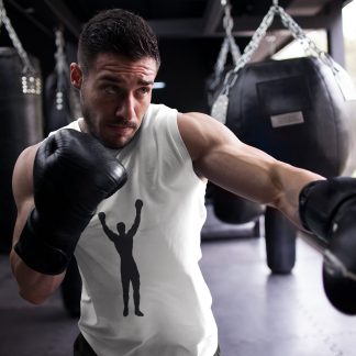 Rocky Victory Arms Raised Detailed boxing vest in white, shadowboxing shot