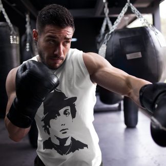 Rocky Fedora Portrait Intense boxing vest in white, shadowboxing shot