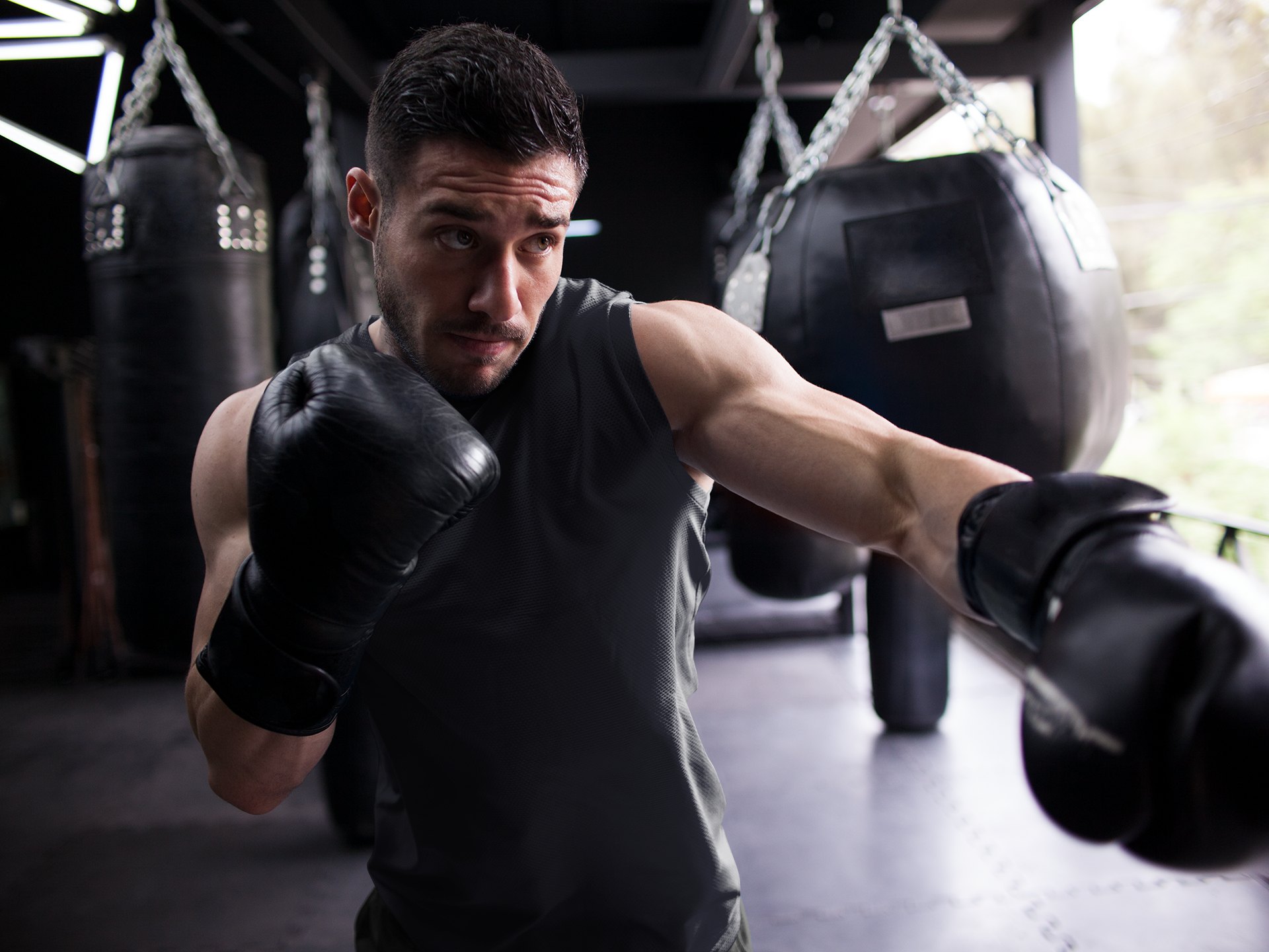 Rocky Shirtless Boxer Full Body boxing vest in black, shadowboxing shot