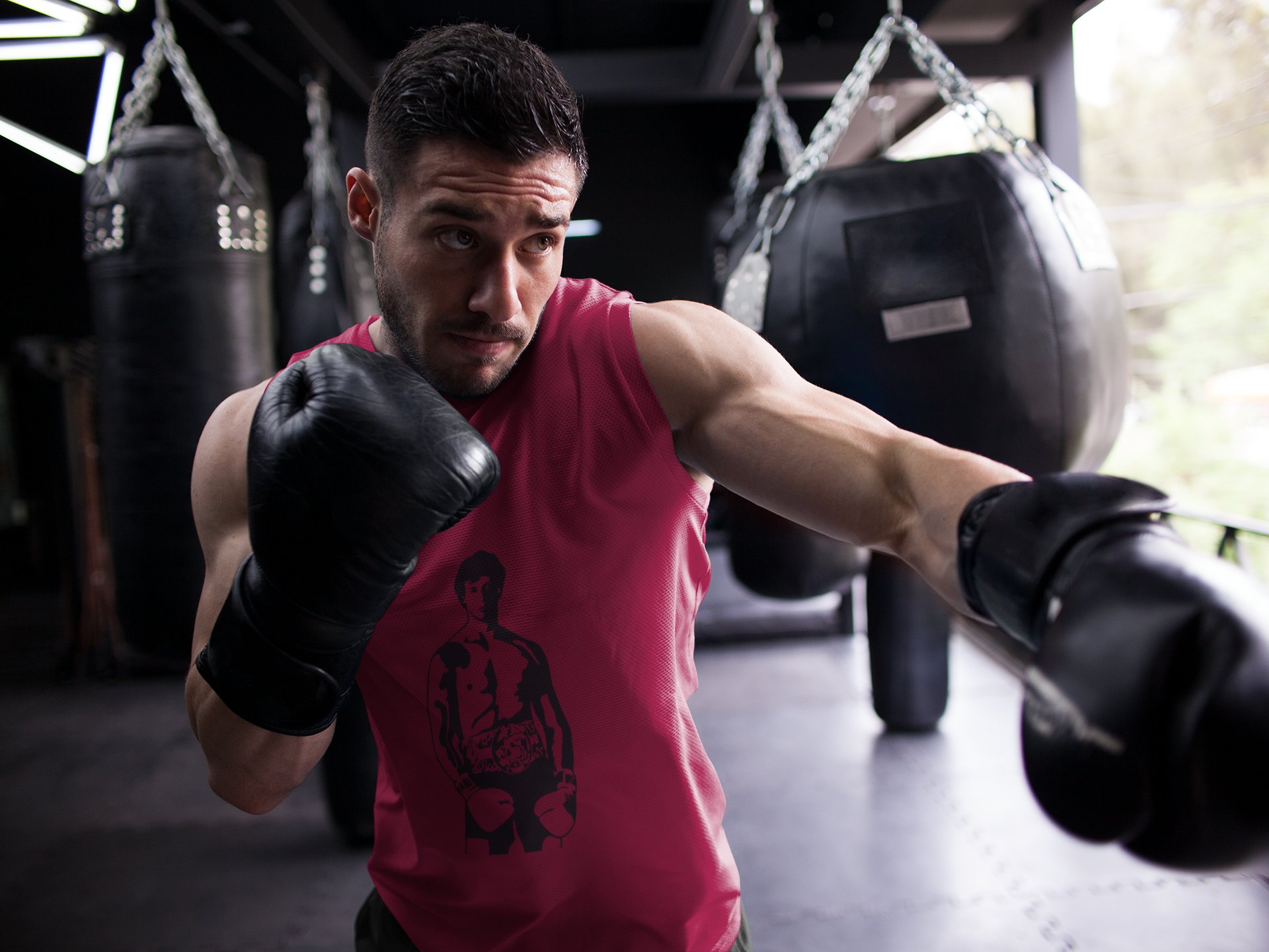 Rocky Shirtless Boxer Full Body boxing vest in burgundy, shadowboxing shot