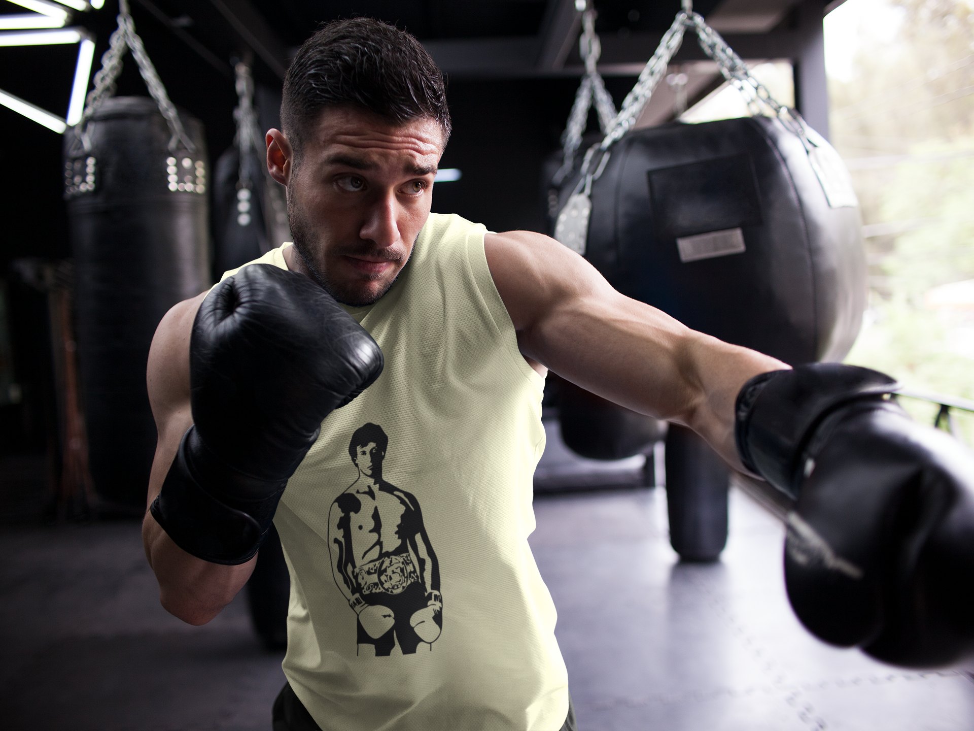 Rocky Shirtless Boxer Full Body boxing vest in cream, shadowboxing shot