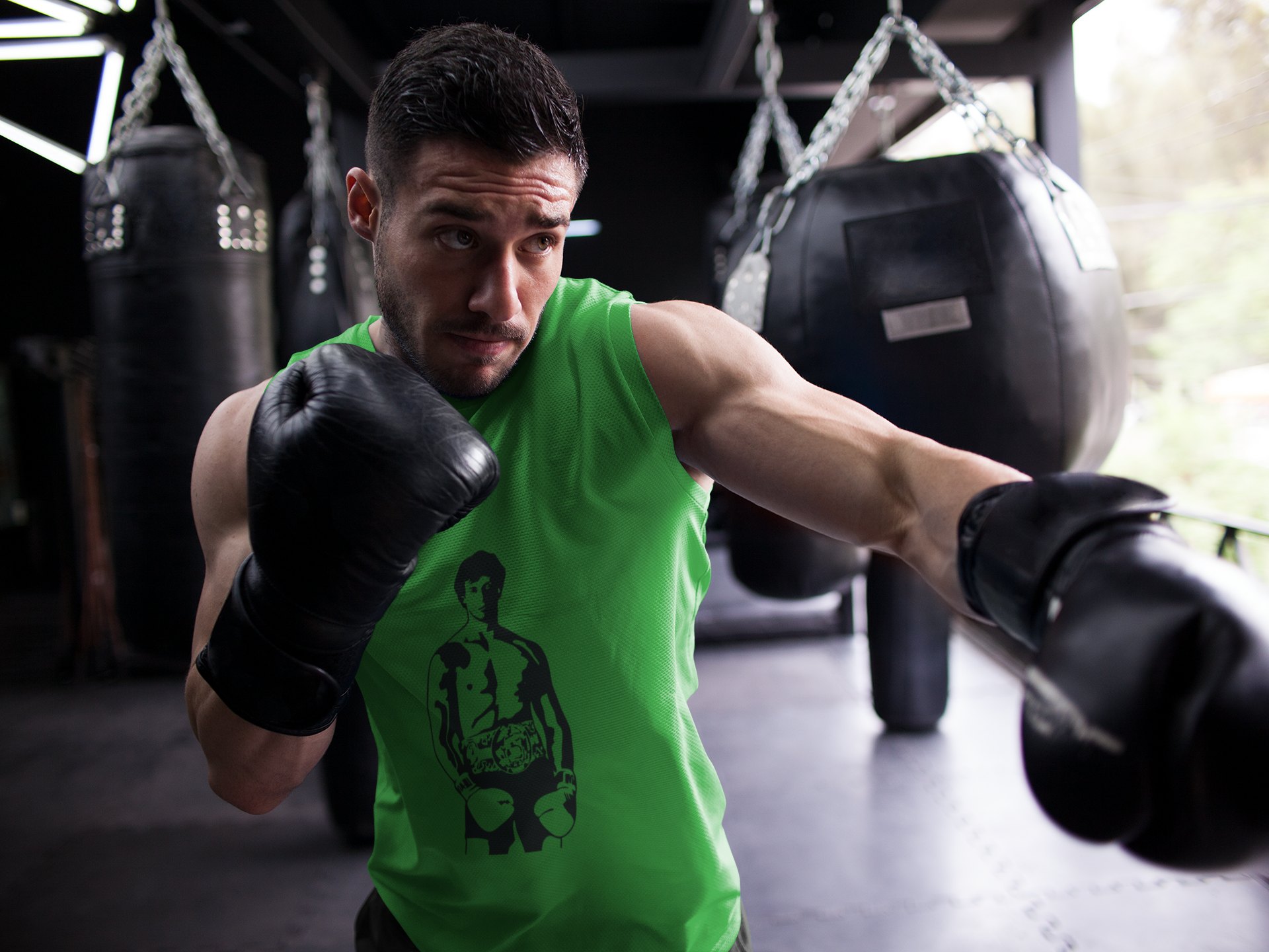 Rocky Shirtless Boxer Full Body boxing vest in forest green, shadowboxing shot