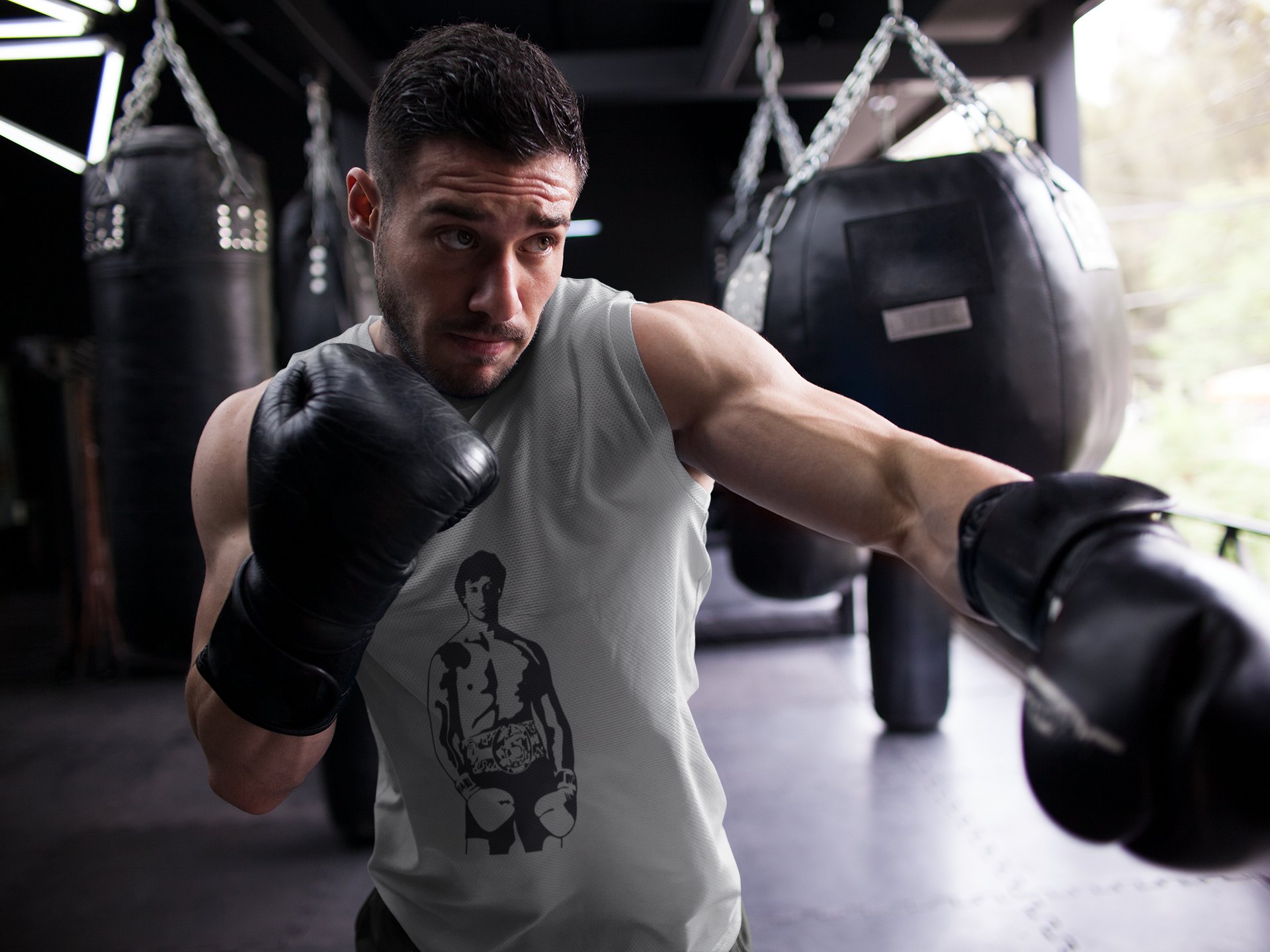 Rocky Shirtless Boxer Full Body boxing vest in grey, shadowboxing shot