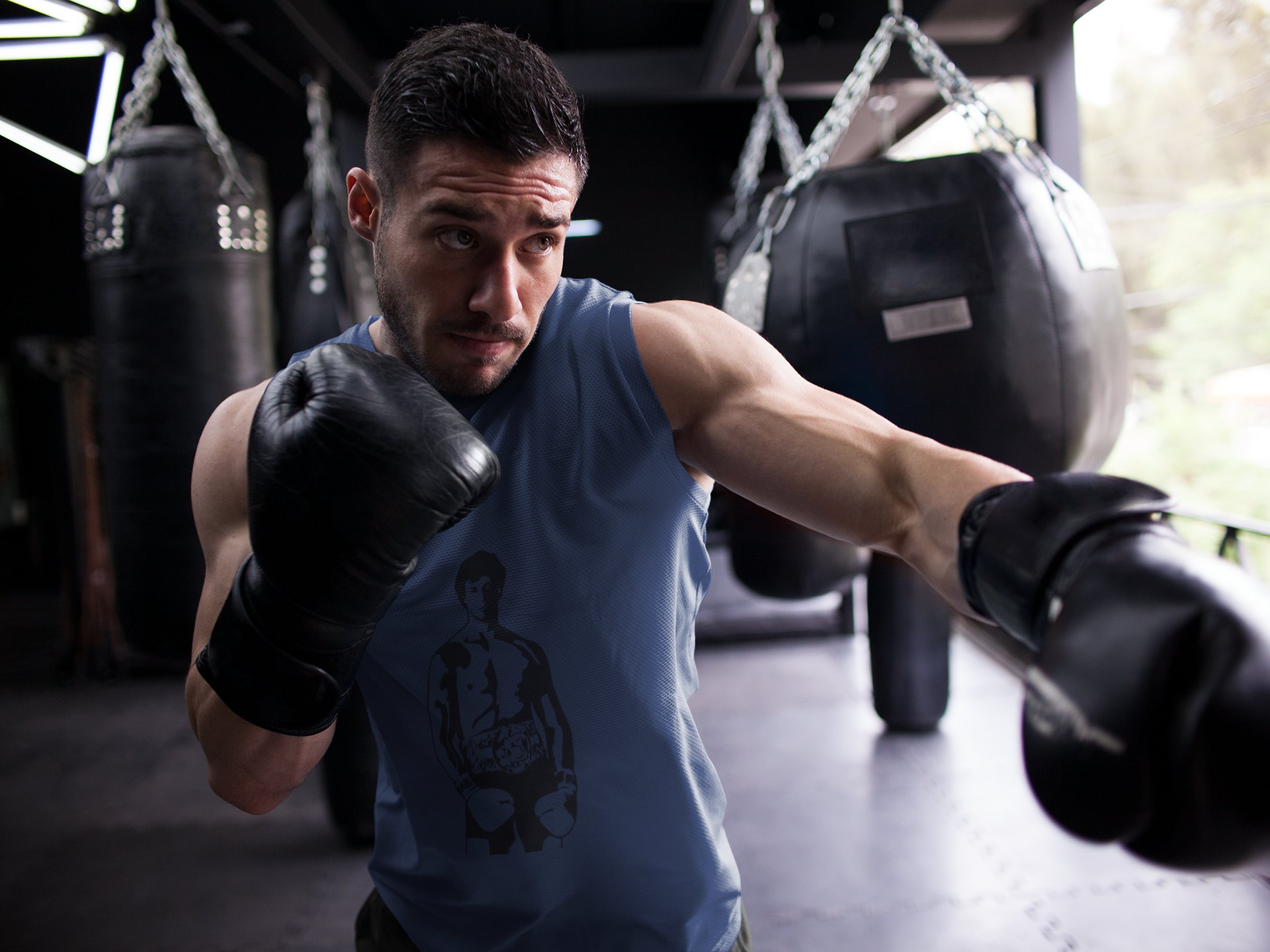 Rocky Shirtless Boxer Full Body boxing vest in navy, shadowboxing shot