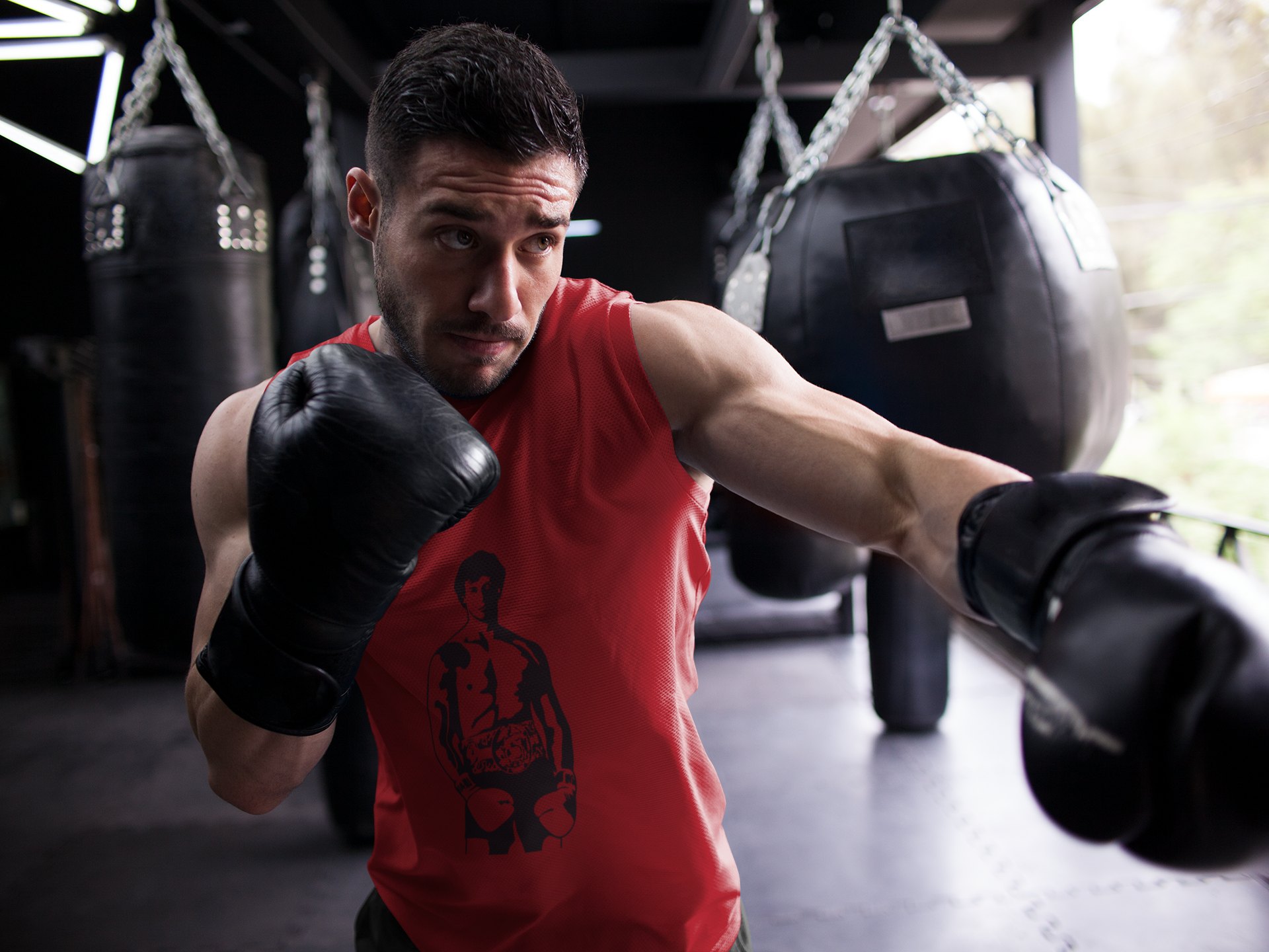 Rocky Shirtless Boxer Full Body boxing vest in red, shadowboxing shot