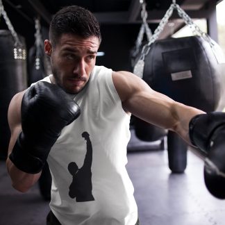 Rocky Fist Raised Silhouette boxing vest in white, shadowboxing shot
