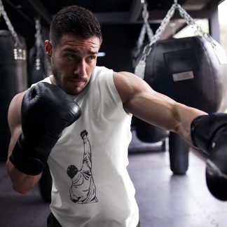 Rocky Muscle Fist Raised boxing vest in white, shadowboxing shot