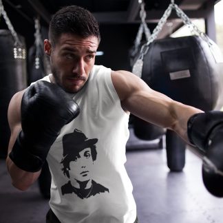 Rocky Fedora Cross Portrait boxing vest in white, shadowboxing shot