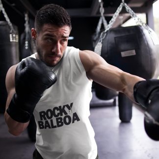 Rocky Balboa Distressed Text boxing vest in white, shadowboxing shot