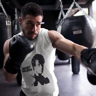 Rocky Balboa Head Portrait Text boxing vest in white, shadowboxing shot