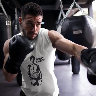 Rocky Balboa Shirtless Boxer Text boxing vest in white, shadowboxing shot