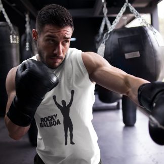 Rocky Balboa Victory Arms Up boxing vest in white, shadowboxing shot