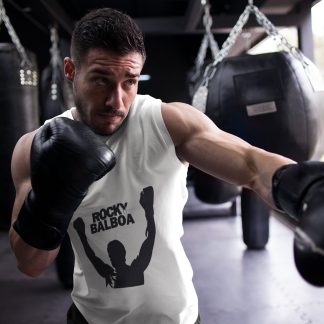 Rocky Balboa Victory Celebration boxing vest in white, shadowboxing shot