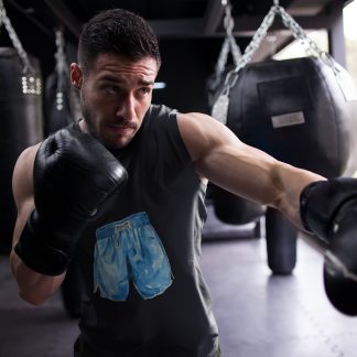 Blue Boxing Shorts White Trim boxing vest in black, shadowboxing shot