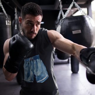 Blue Boxing Shorts Denim boxing vest in black, shadowboxing shot